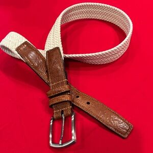 Men's Woven Torino Stretch Belt with Brown Leather Trim -Cream